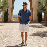 Men's Navy and White Linen Short Sleeve Set
