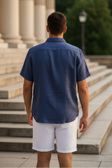 Men's Navy and White Linen Short Sleeve Set