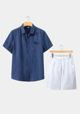 Men's White and Navy Linen Short Sleeve Set