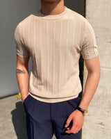 Men's Blue Ribbed Short-Sleeve Knit Sweater