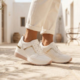 Women's White Leather Wedge Sneakers - Metallic Accent