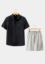 Men's Black and Beige Linen Short Sleeve Set
