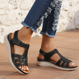 Women's Black Suede Woven Strap Wedge Sandals