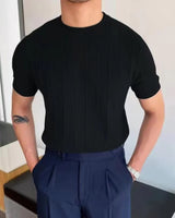 Men's Blue Ribbed Short-Sleeve Knit Sweater