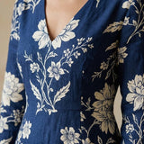 Women's Navy Floral Linen Midi Dress