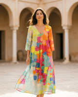 Women's Abstract Linen Maxi Dress - V-Neck