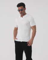 Men's White Ribbed Short Sleeve Polo Shirt