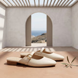 Women's Cream Leather Mule Flats - Gold Buckle