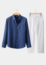 Men's Navy and White Linen Long Sleeve Set
