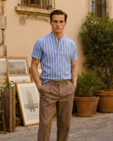 Men's Blue Striped Cotton Short Sleeve Shirt