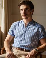 Men's Blue Striped Cotton Short Sleeve Shirt
