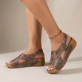 Women's Beige Suede Cross-Strap Wedge Sandals