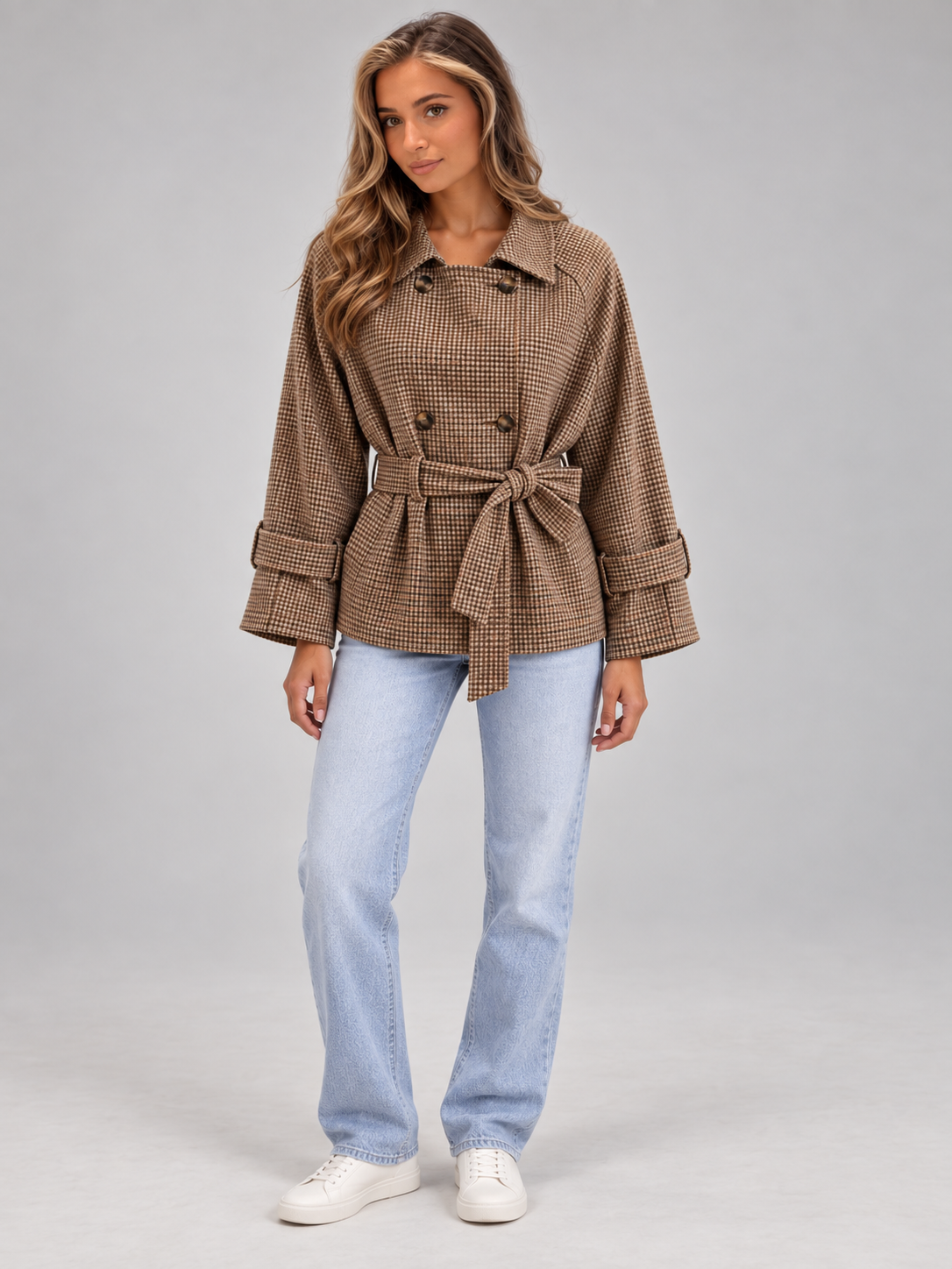 Women's Houndstooth Belted Jacket | Double Breasted Cropped Coat