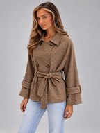 Women's Houndstooth Belted Jacket | Double Breasted Cropped Coat
