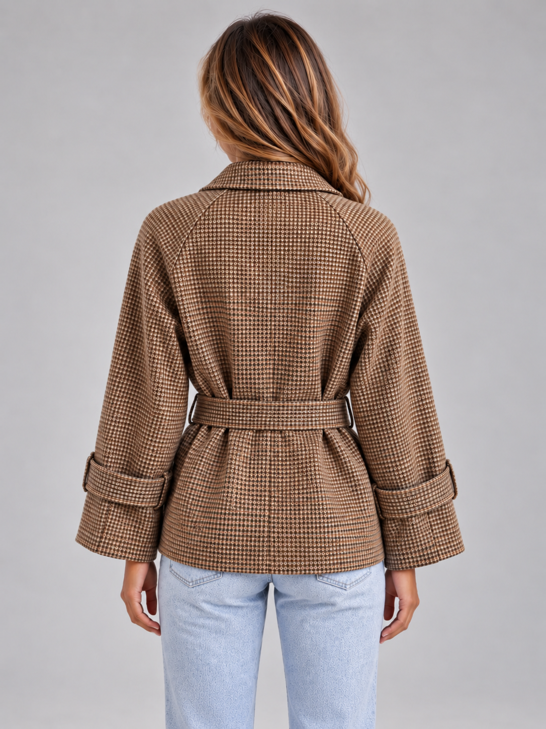 Women's Houndstooth Belted Jacket | Double Breasted Cropped Coat
