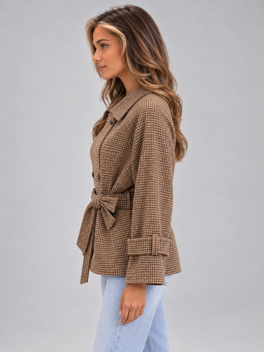 Women's Houndstooth Belted Jacket | Double Breasted Cropped Coat