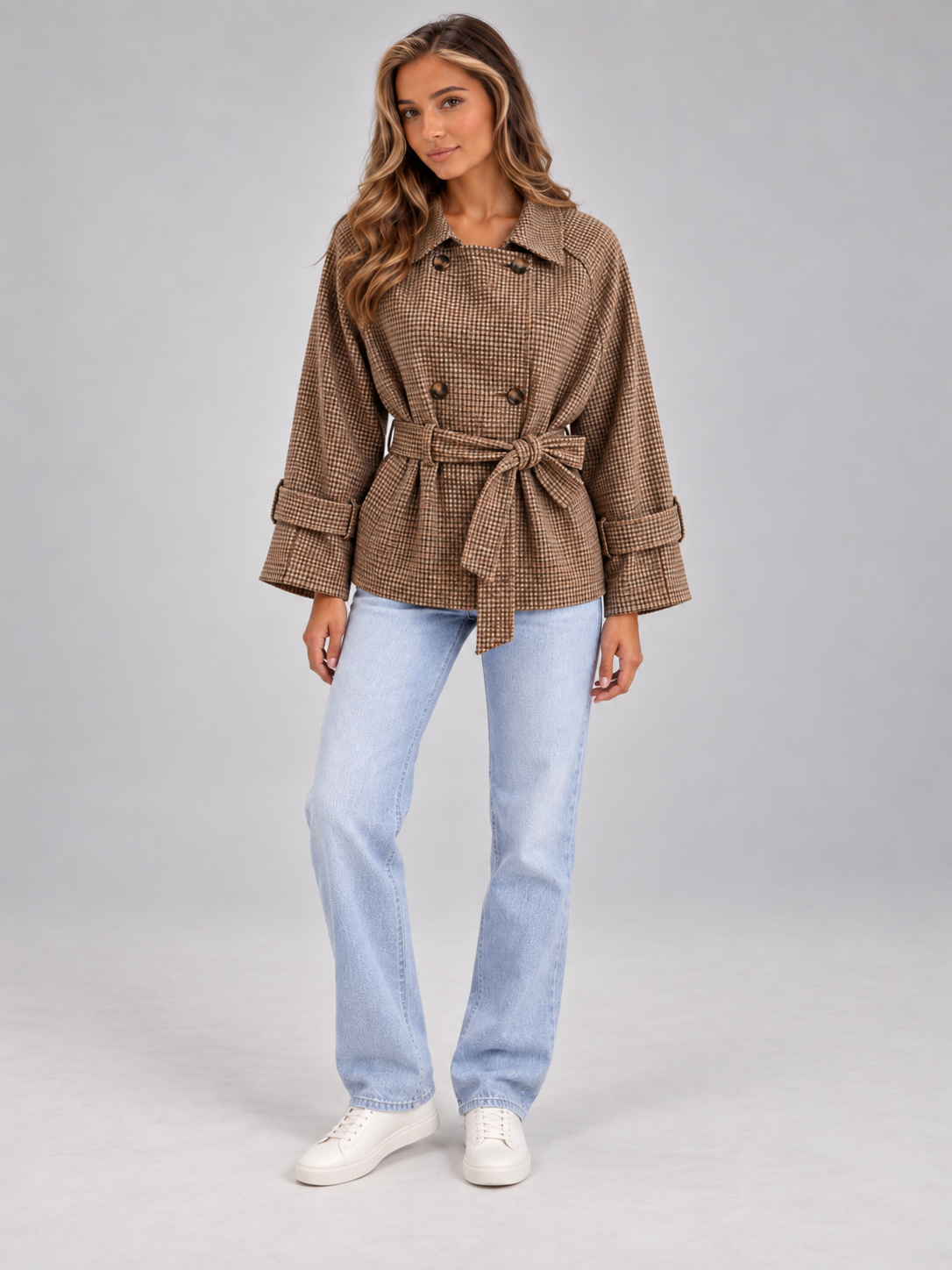 Women's Houndstooth Belted Jacket | Double Breasted Cropped Coat