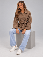 Women's Houndstooth Belted Jacket | Double Breasted Cropped Coat