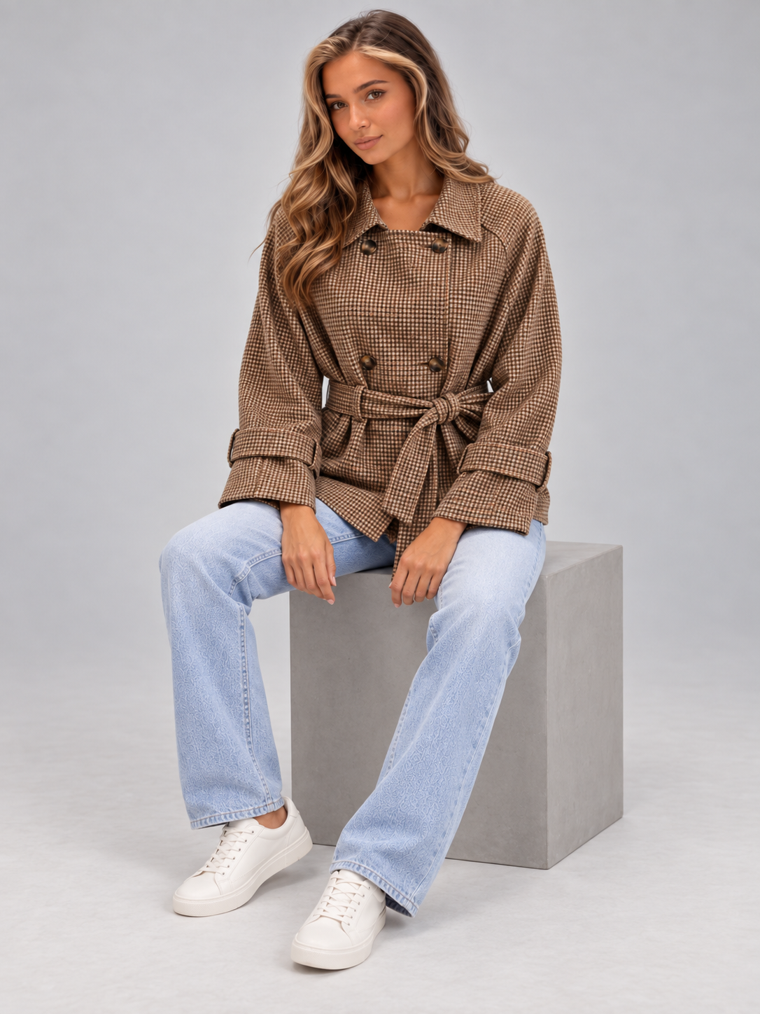 Women's Houndstooth Belted Jacket | Double Breasted Cropped Coat