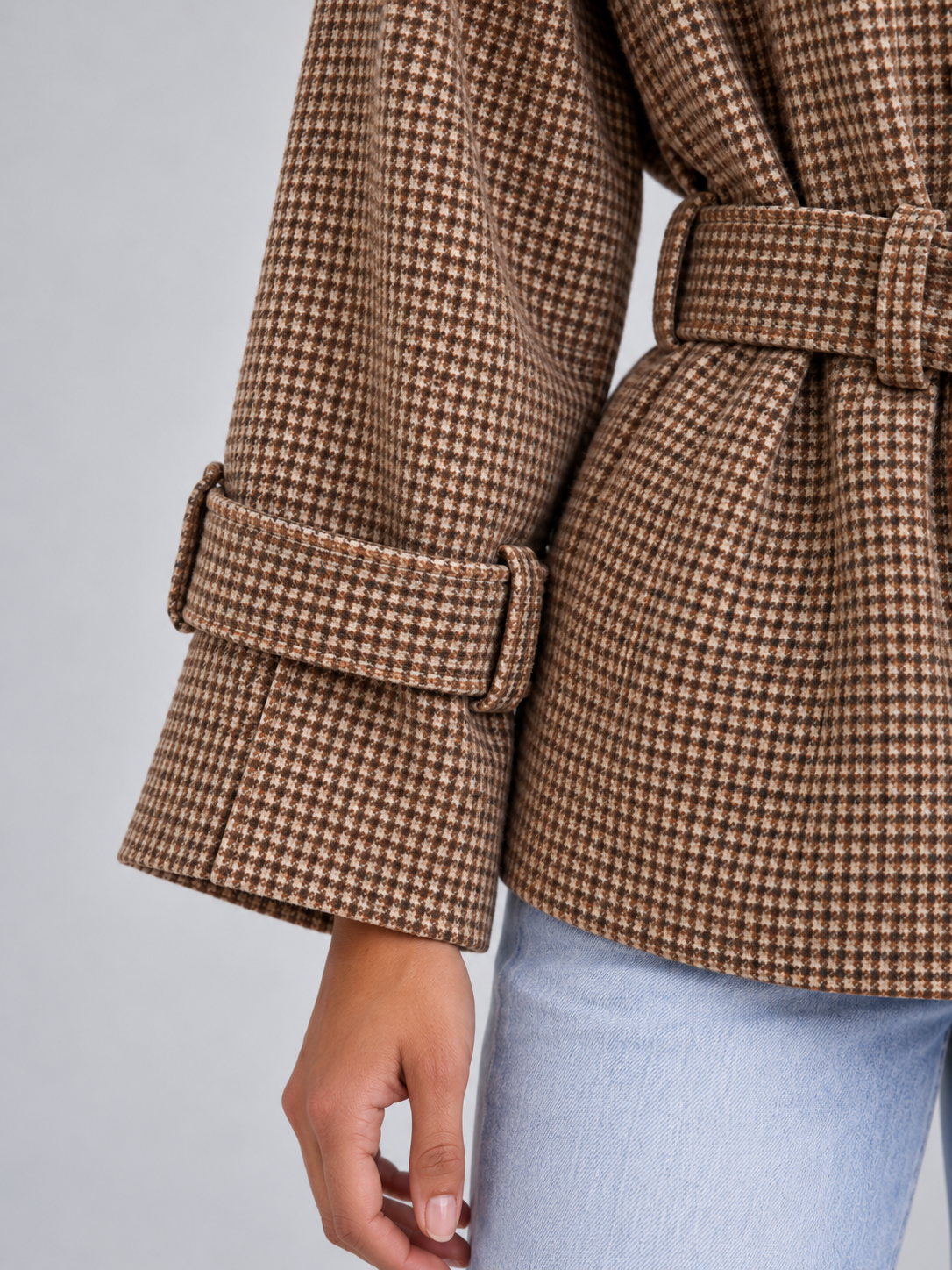 Women's Houndstooth Belted Jacket | Double Breasted Cropped Coat