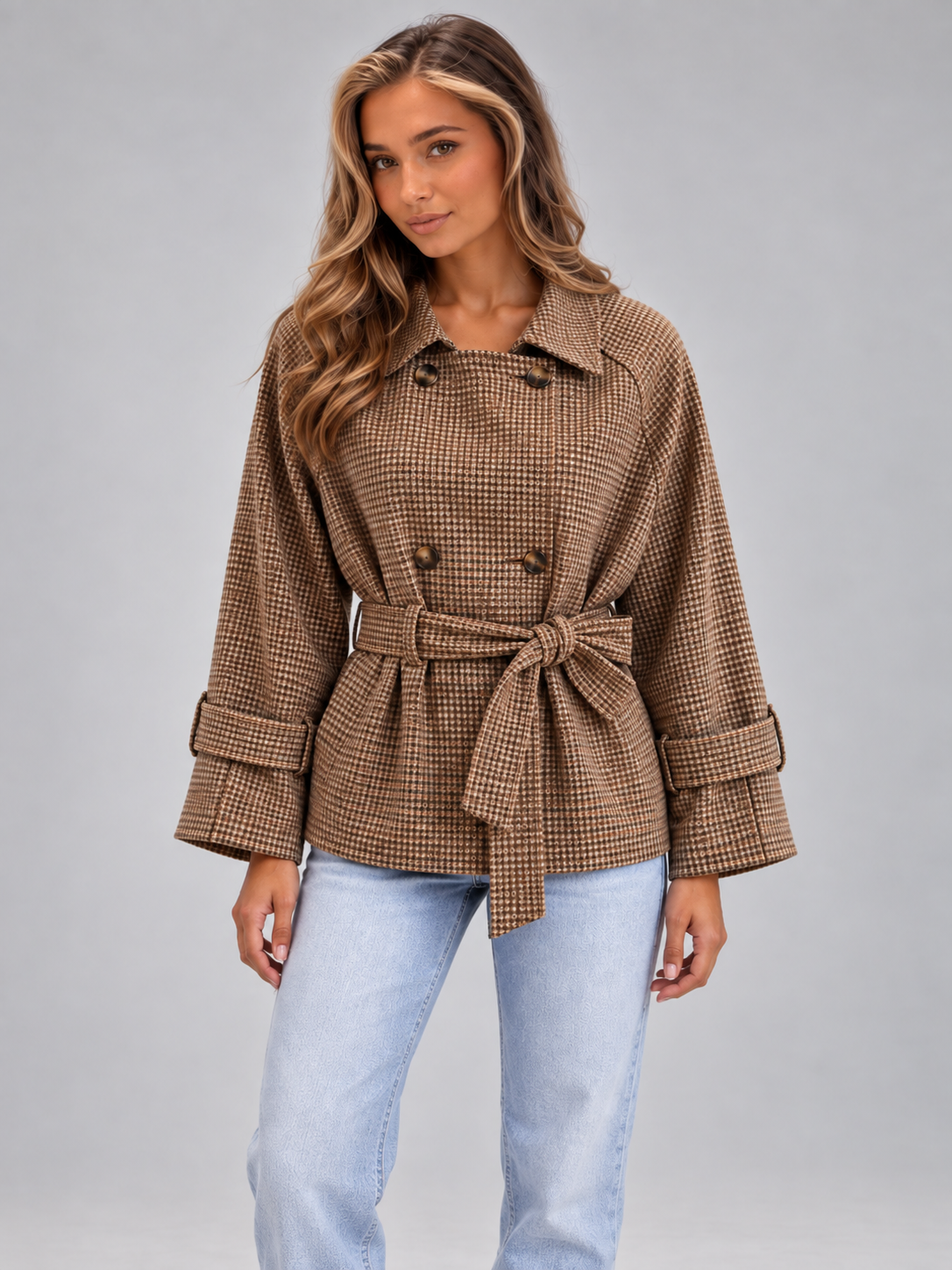 Women's Houndstooth Belted Jacket | Double Breasted Cropped Coat