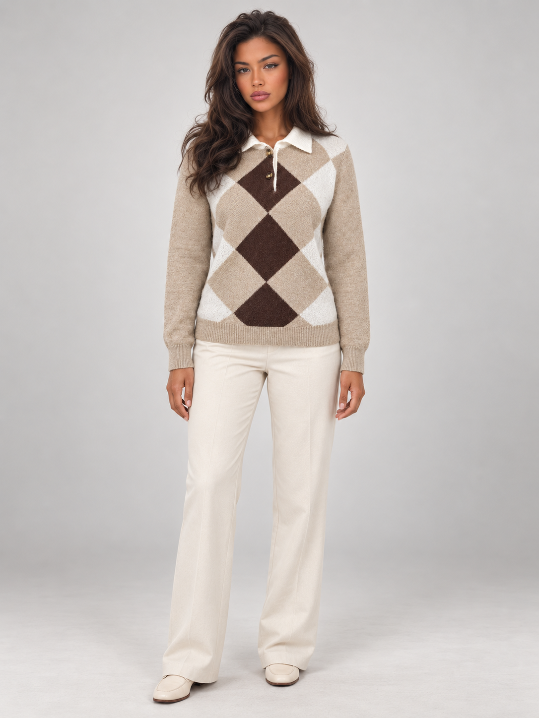Women's Argyle Polo Jumper | Contrast Collar Knit Sweater