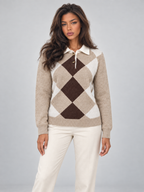 Women's Argyle Polo Jumper | Contrast Collar Knit Sweater