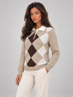 Women's Argyle Polo Jumper | Contrast Collar Knit Sweater