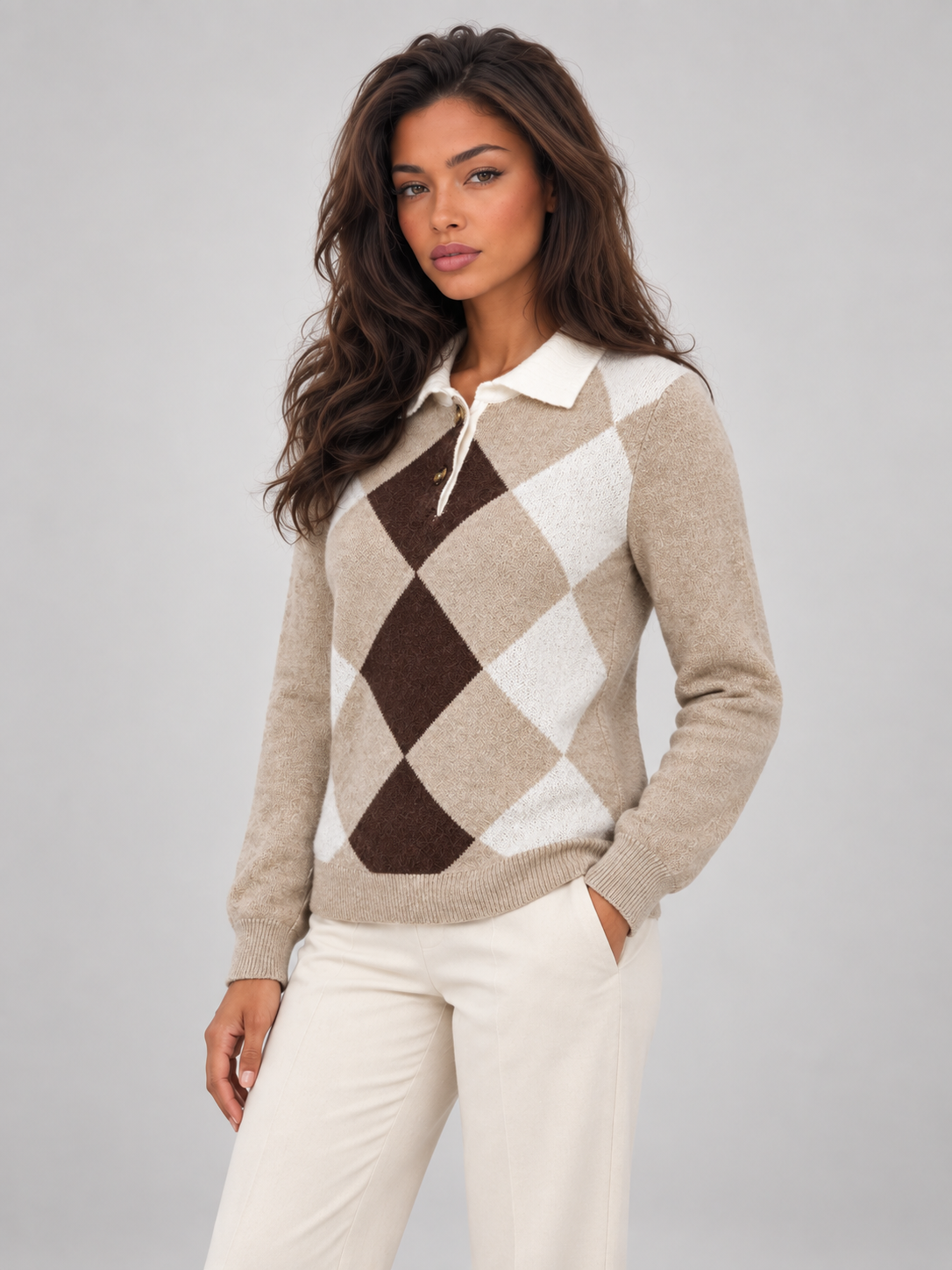 Women's Argyle Polo Jumper | Contrast Collar Knit Sweater