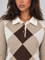 Women's Argyle Polo Jumper | Contrast Collar Knit Sweater