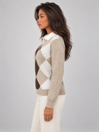 Women's Argyle Polo Jumper | Contrast Collar Knit Sweater
