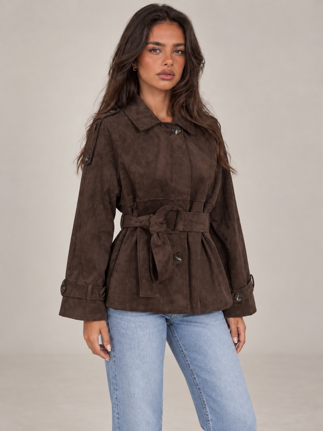 Women's Suede Belted Jacket | Short Trench Style Coat