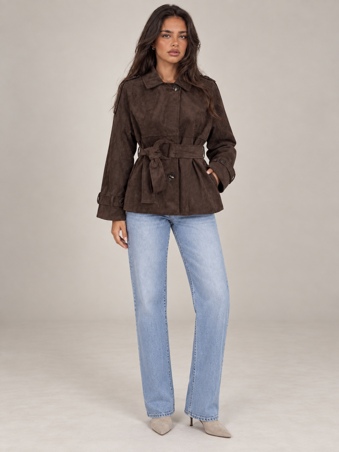 Women's Suede Belted Jacket | Short Trench Style Coat