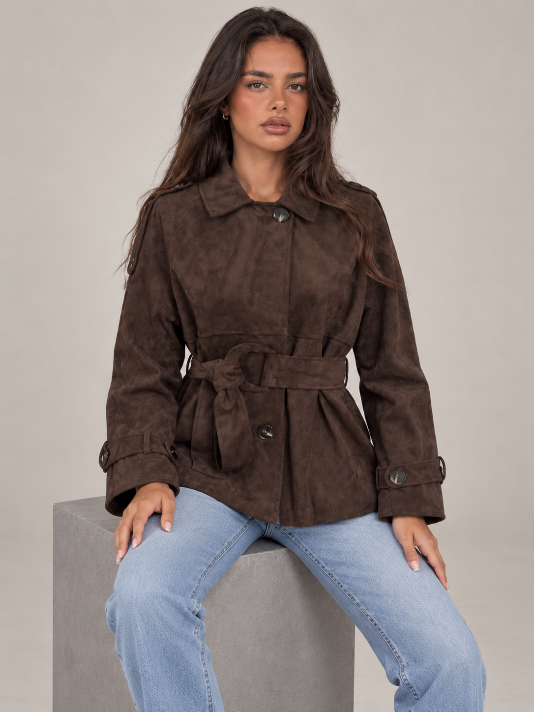 Women's Suede Belted Jacket | Short Trench Style Coat