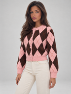 Women's Argyle Cropped Cardigan | Diamond Knit Button Front