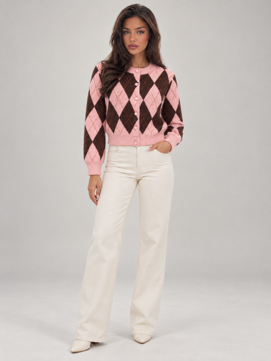 Women's Argyle Cropped Cardigan | Diamond Knit Button Front