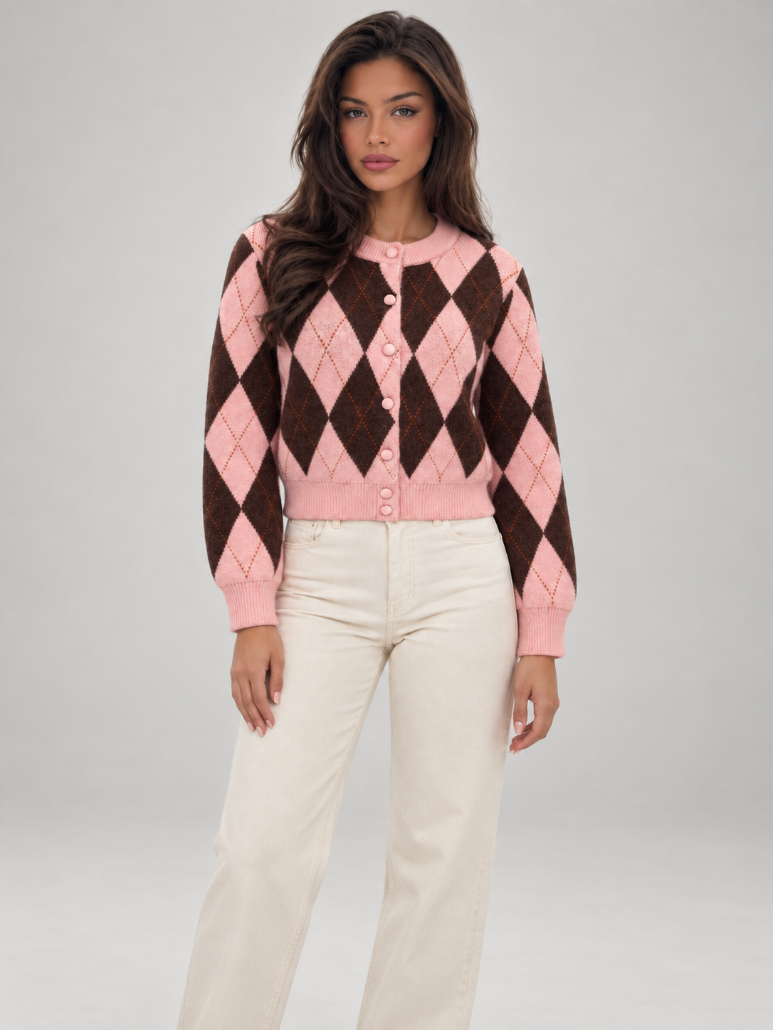 Women's Argyle Cropped Cardigan | Diamond Knit Button Front