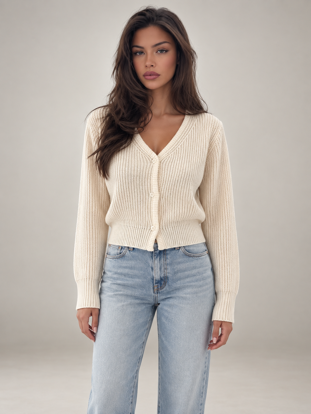 Women's Cropped Ribbed Cardigan | V-Neck Button Front Knit
