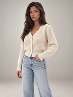 Women's Cropped Ribbed Cardigan | V-Neck Button Front Knit