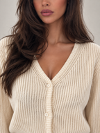Women's Cropped Ribbed Cardigan | V-Neck Button Front Knit