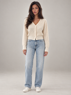 Women's Cropped Ribbed Cardigan | V-Neck Button Front Knit