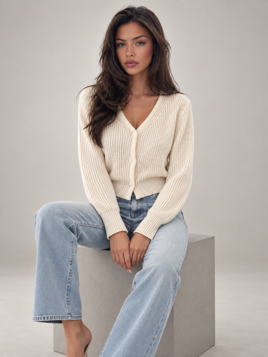 Women's Cropped Ribbed Cardigan | V-Neck Button Front Knit