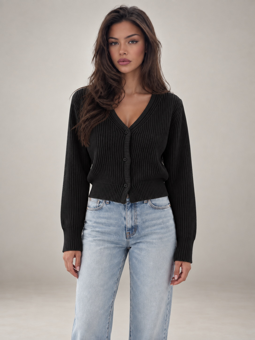 Women's Cropped Ribbed Cardigan | V-Neck Button Front Knit