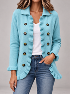 Women's Ruffle Trim Cardigan | Double Breasted Collared Knit