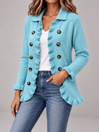 Women's Ruffle Trim Cardigan | Double Breasted Collared Knit