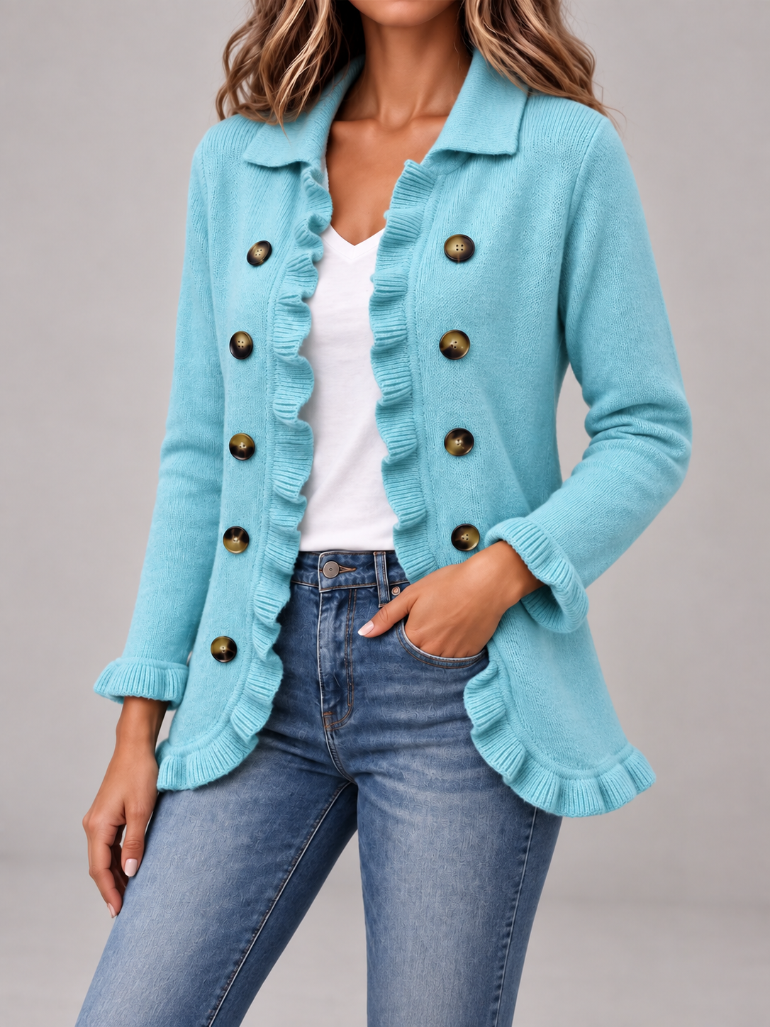 Women's Ruffle Trim Cardigan | Double Breasted Collared Knit