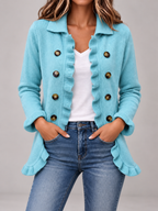 Women's Ruffle Trim Cardigan | Double Breasted Collared Knit