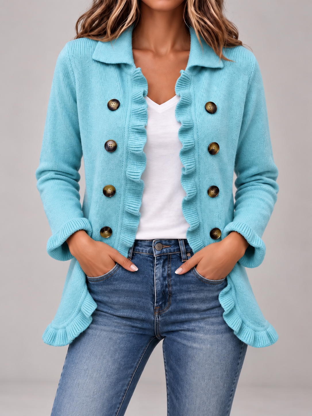 Women's Ruffle Trim Cardigan | Double Breasted Collared Knit