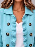 Women's Ruffle Trim Cardigan | Double Breasted Collared Knit