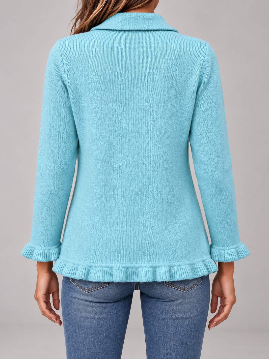 Women's Ruffle Trim Cardigan | Double Breasted Collared Knit